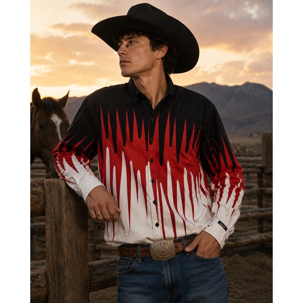 Brooks & Dunn Panhandle Slim Mens Western Flame Shirt Black Red White Medium